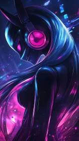 Neon cyberpunk DJ figure with glowing headphones.