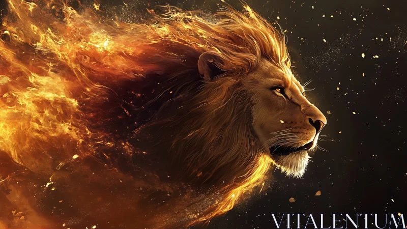 Flaming lion head merges into dynamic fire plume with ember debris