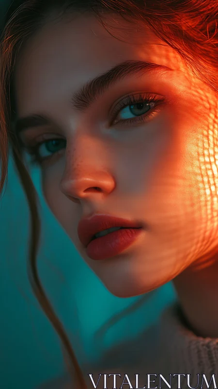 Close-up digital portrait under orange and teal lighting.