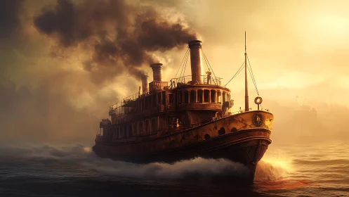 Steamship carves molten sunrise while smoke crowns the sky