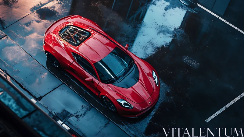 Overhead study of red sports coupe on wet reflective asphalt surface