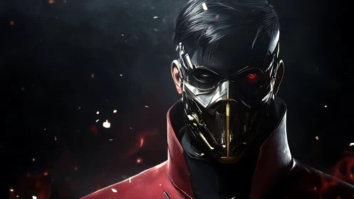 Masked cybernetic character stares forward in dark scene