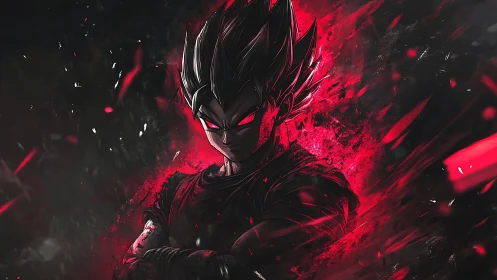 Dark spiky haired anime fighter glows with intense red aura