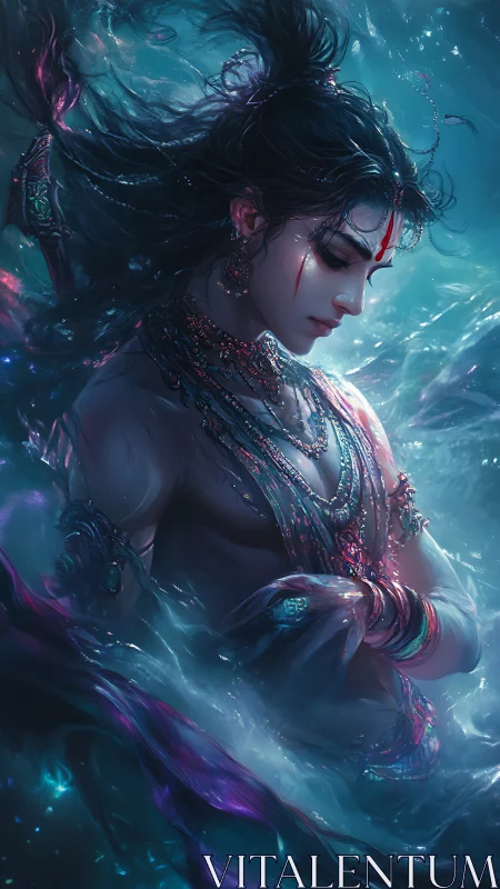 Divine warrior draped in jeweled robes stands in glowing water