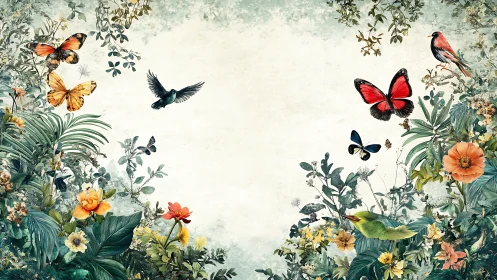 Butterflies and songbirds circle lush floral garden frame