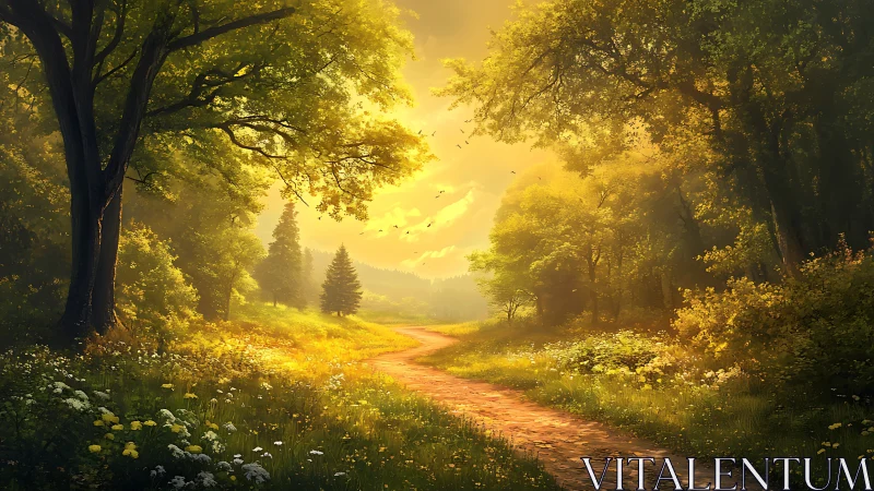 Golden forest pathway with luminous canopy creating atmospheric tunnel effect