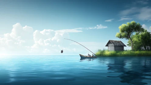 Serene skyhook fishing over glassy lake of lazy clouds.