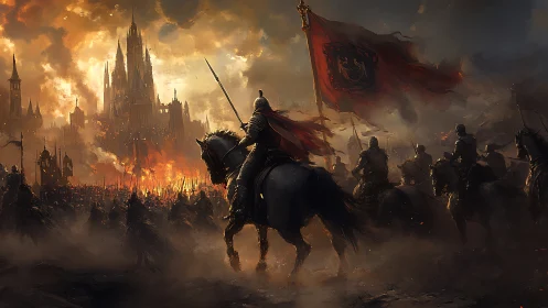 Stormlit riders gather before a burning fantasy citadel.