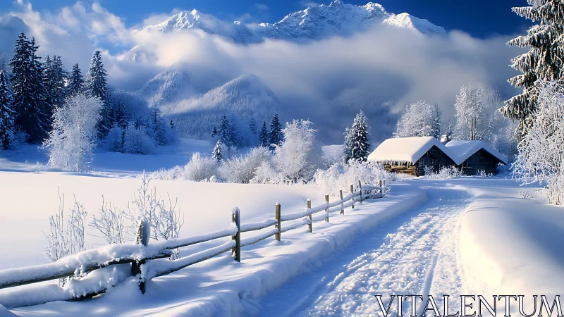Snow-covered rural path leading to cabins in winter landscape.