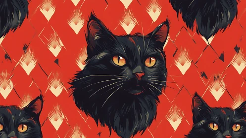 Black cat with golden eyes staring directly forward on red background.