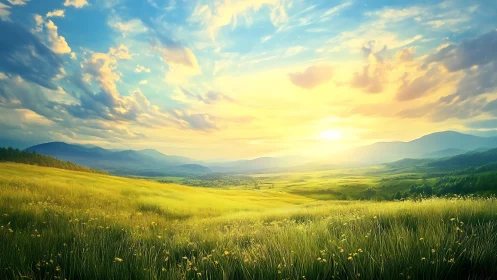 Sunlit valley meadow under volumetric clouds and graded horizon