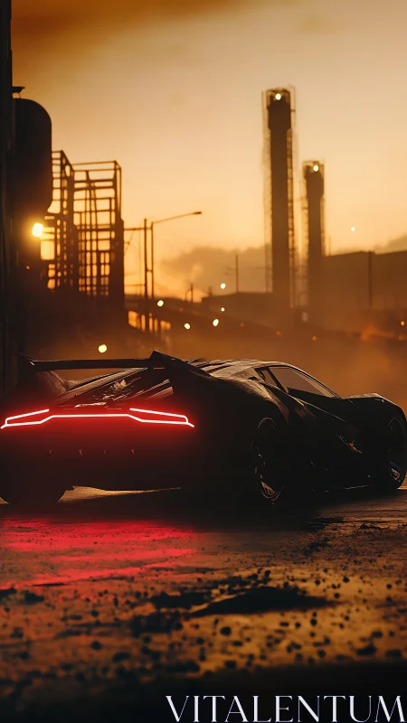 Neon predator idling beneath smokestack sunset haze.