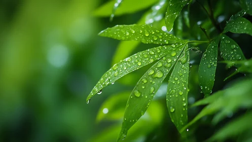 Macro optical study of rain droplets on compound green leaves.