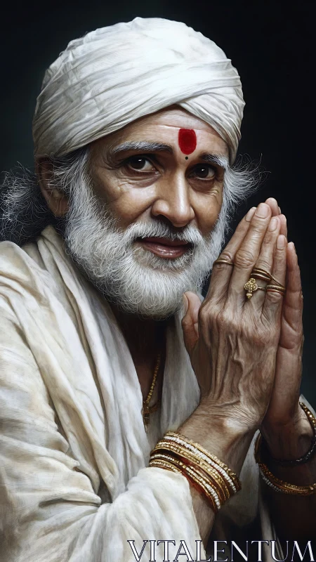 Elderly man in traditional attire with folded hands portrait.