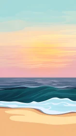Layered vector seascape depicts stylized sunset over rolling surf