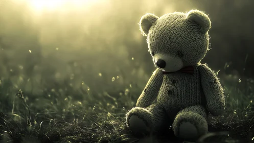 Knitted teddy bear in shallow-focus backlit meadow scene