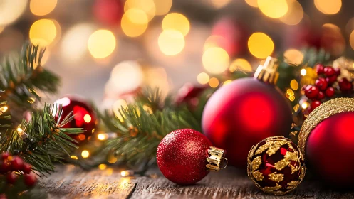 Crimson baubles bask under honeyed holiday twinkle lights.