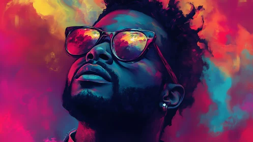 Neon chromatic portrait with reflective sunglasses emphasis.