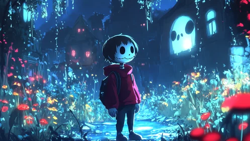 Hooded child in glowing haunted alley rendered as digital painting