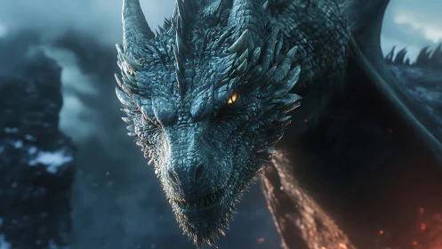 Cinematic ice dragon close-up with glowing amber eyes in flight