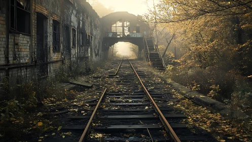 Abandoned railway line passes derelict brick structure at dawn