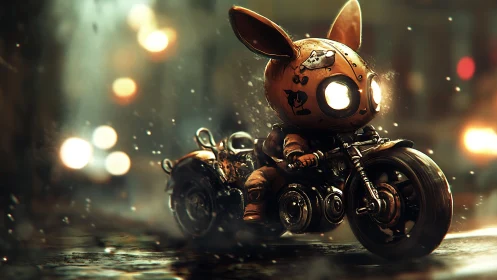 Robot bunny biker speeds through wet neon city street
