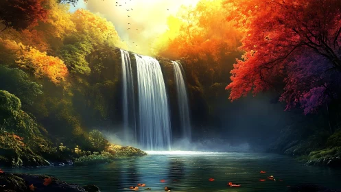 Sunlit forest waterfall in vivid autumn foliage glow.