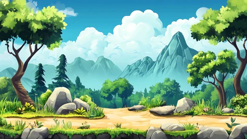 Scenic Mountain Valley with Lush Wilderness and Bright Sky