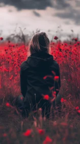 Person in dark clothing sits in red flower field under clouds