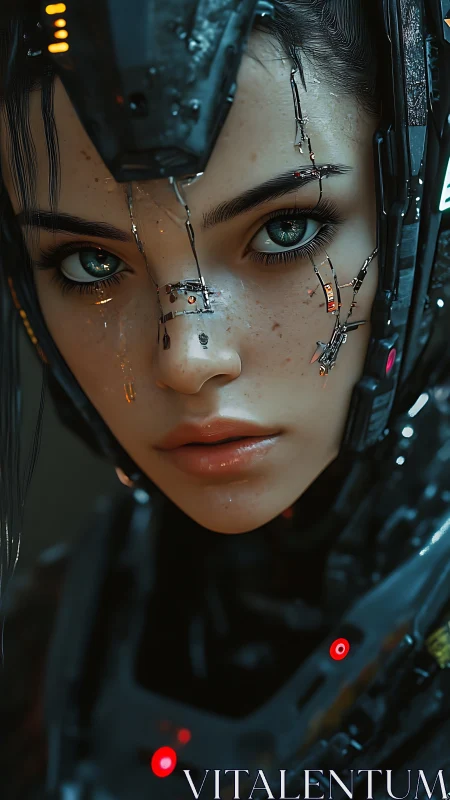 Close cybernetic portrait of focused female android face.