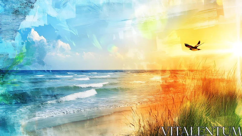 Sunlit shoreline blends vivid colors in a dreamy seascape