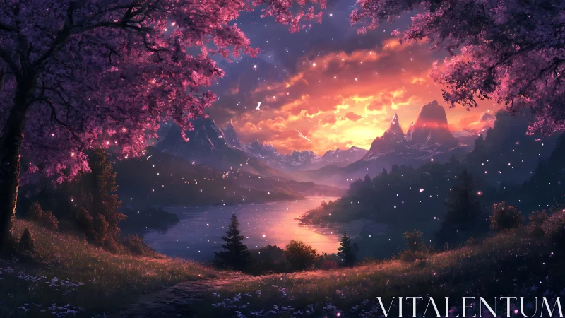 River valley at sunset framed by flowering trees and peaks.