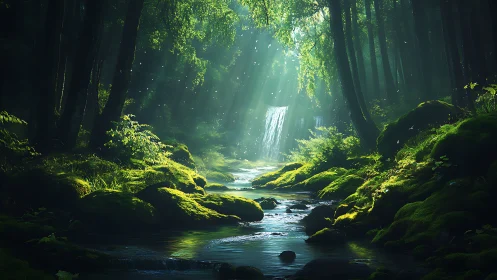 Cascading waterfall through emerald forest canopy with radiant light