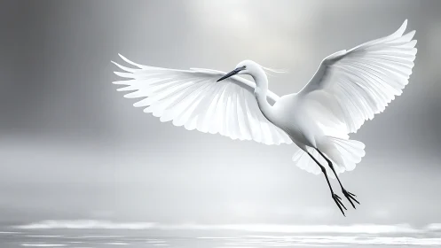 White Egret in Flight: Serene Grace Over Misty Waters