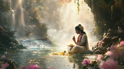 Seated robed figure beside reflective pool in floral gorge.