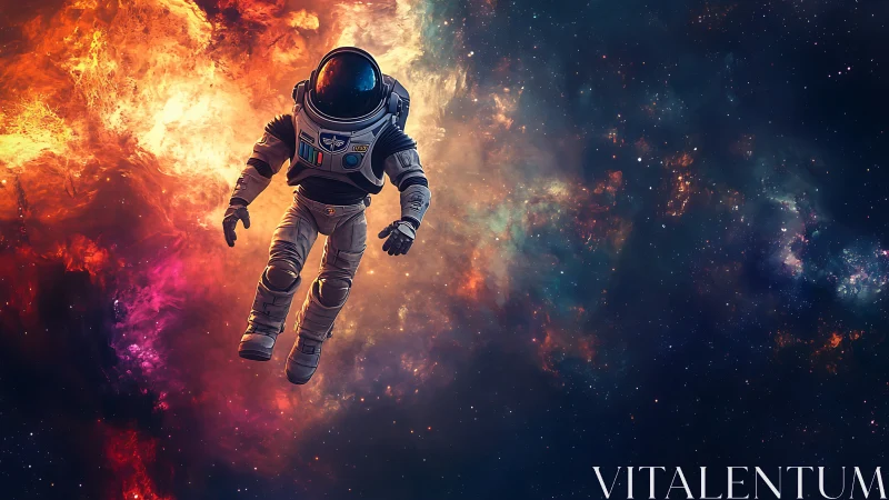 Solitary astronaut drifting before blazing nebula vista.