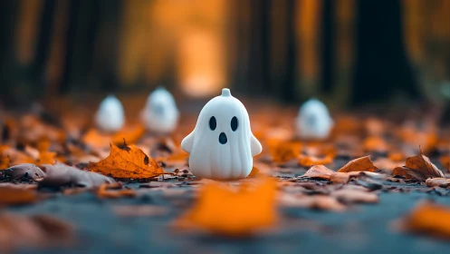 Small ghost figurines on autumn forest path with leaves.