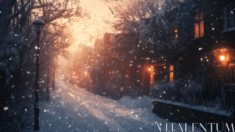 Snowlit city street glows with ember windows and hushed wonder.