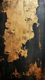 Textured gold paint peeling over dark distressed surface.