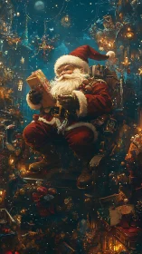 Santa in luminous workshop reading ornate gift list.