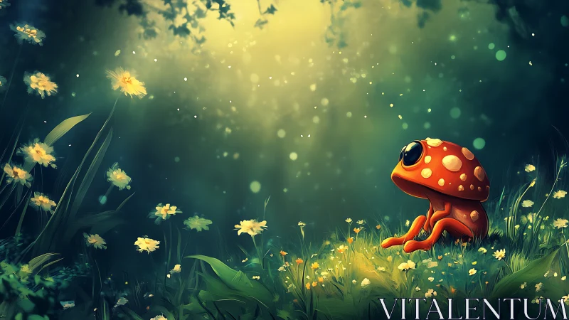 Bioluminescent orange frog creature in sunlit forest glade