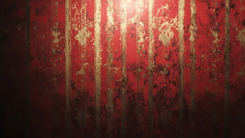 Grunge red wall with distressed vertical metallic striping design.
