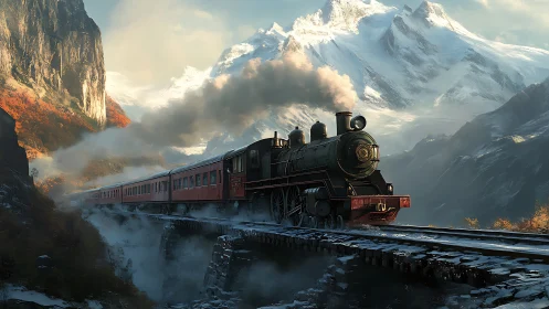 Steam locomotive crossing misty gorge beneath alpine peaks.