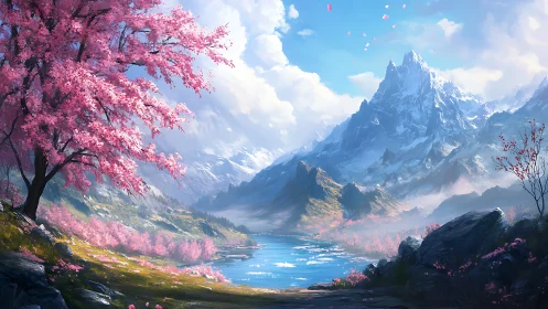 Digital painting of alpine lake beneath cherry blossom ridge.
