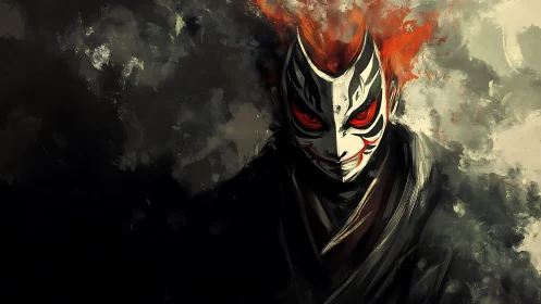 Mask of embers: demon-eyed warrior prowling through smoke.
