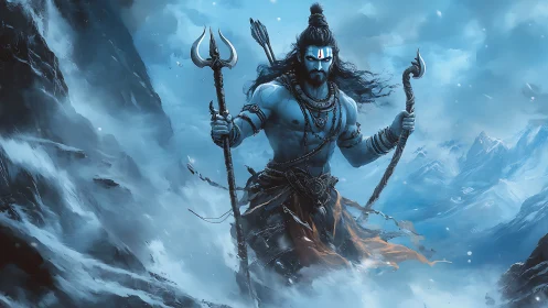 Powerful blue deity with trident in icy mountain storm.