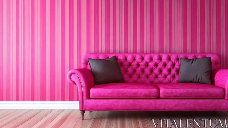 Pink tufted sofa against bold striped magenta wall.