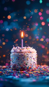 Birthday cake with lit candle against bokeh-lit background with multicolored sprinkles