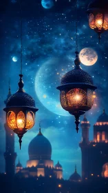 Digital painting of ornate lanterns over celestial mosques.