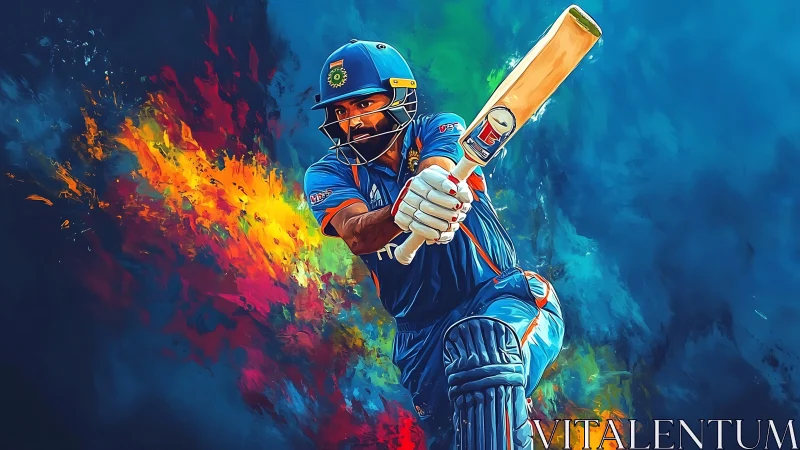 Cricket batsman digital painting with explosive color motion.
